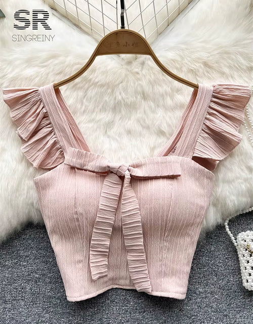 Load image into Gallery viewer, SINGREINY Summer Solid Ruffled Camis Women Square Neck Sleeveless Bow Elastic Waist Strap Top Ladies Sweet Korea Short Tank Top
