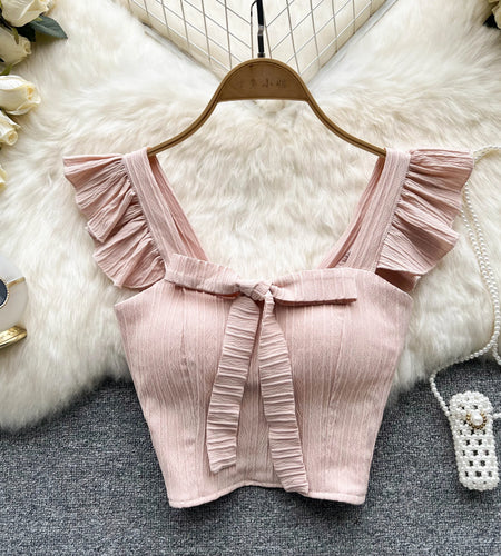 SINGREINY Summer Solid Ruffled Camis Women Square Neck Sleeveless Bow Elastic Waist Strap Top Ladies Sweet Korea Short Tank Top