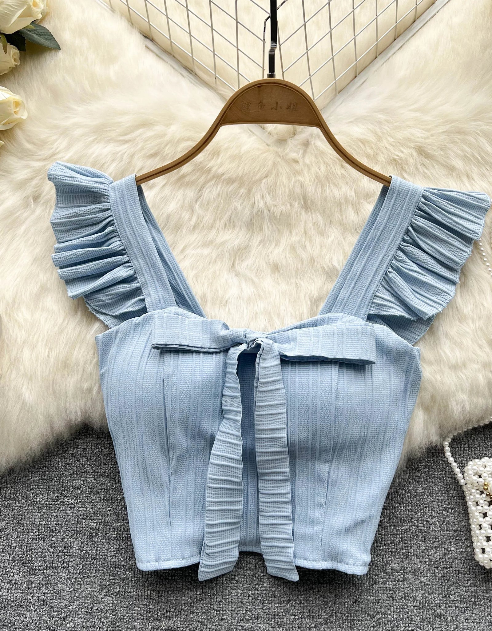 SINGREINY Summer Solid Ruffled Camis Women Square Neck Sleeveless Bow Elastic Waist Strap Top Ladies Sweet Korea Short Tank Top