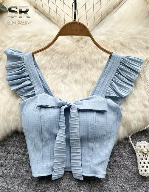 Load image into Gallery viewer, SINGREINY Summer Solid Ruffled Camis Women Square Neck Sleeveless Bow Elastic Waist Strap Top Ladies Sweet Korea Short Tank Top
