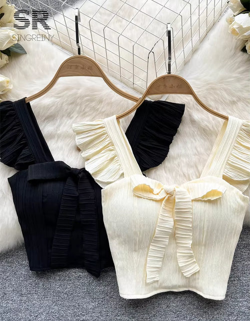 Load image into Gallery viewer, SINGREINY Summer Solid Ruffled Camis Women Square Neck Sleeveless Bow Elastic Waist Strap Top Ladies Sweet Korea Short Tank Top
