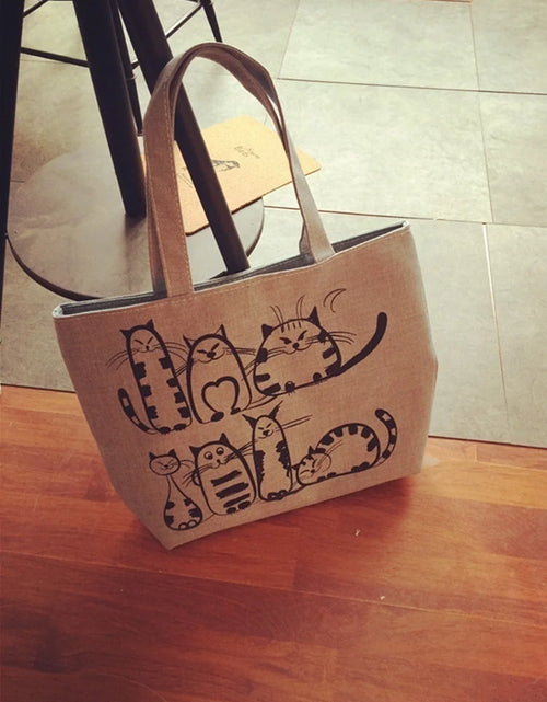 Load image into Gallery viewer, Cartoon Cats Printed Beach Zipper Bag Women Fashion Canvas Tote Shopping Handbags
